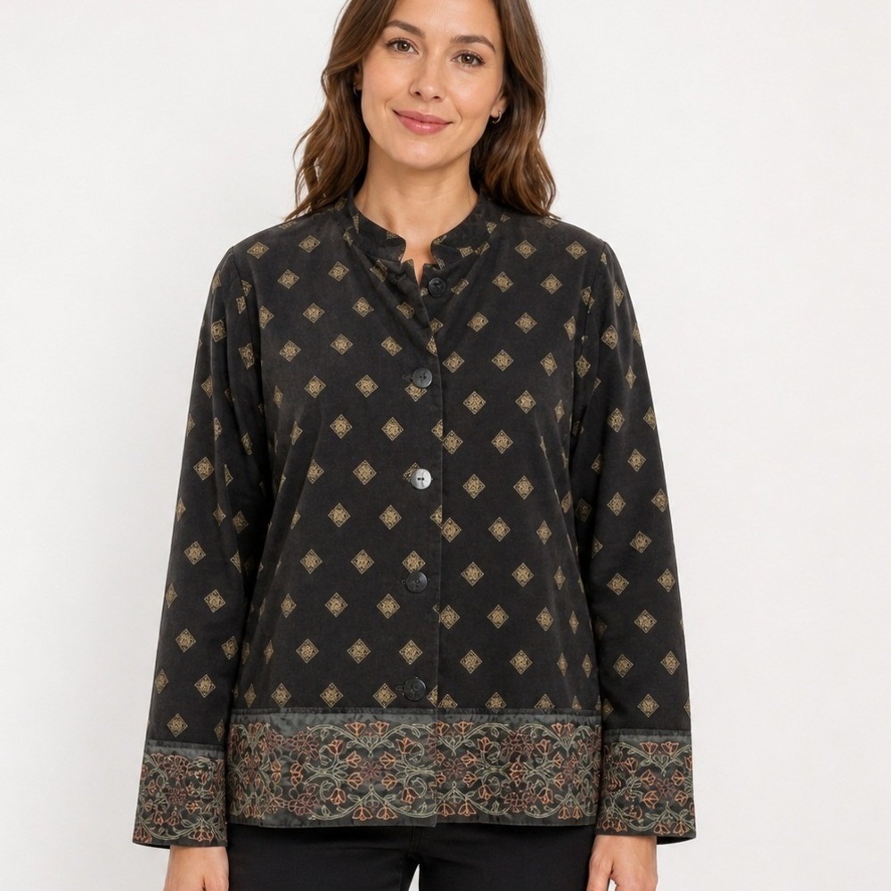 Hearts of Palm Brwn Corduroy Embroidered Floral Diamond Jacket Women 14 MockNeck